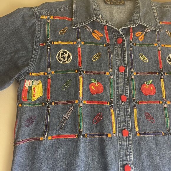 VTG Teacher School Novelty Embellished Womens Top Sz M Denim Y2K Button Up Cute - Picture 14 of 15